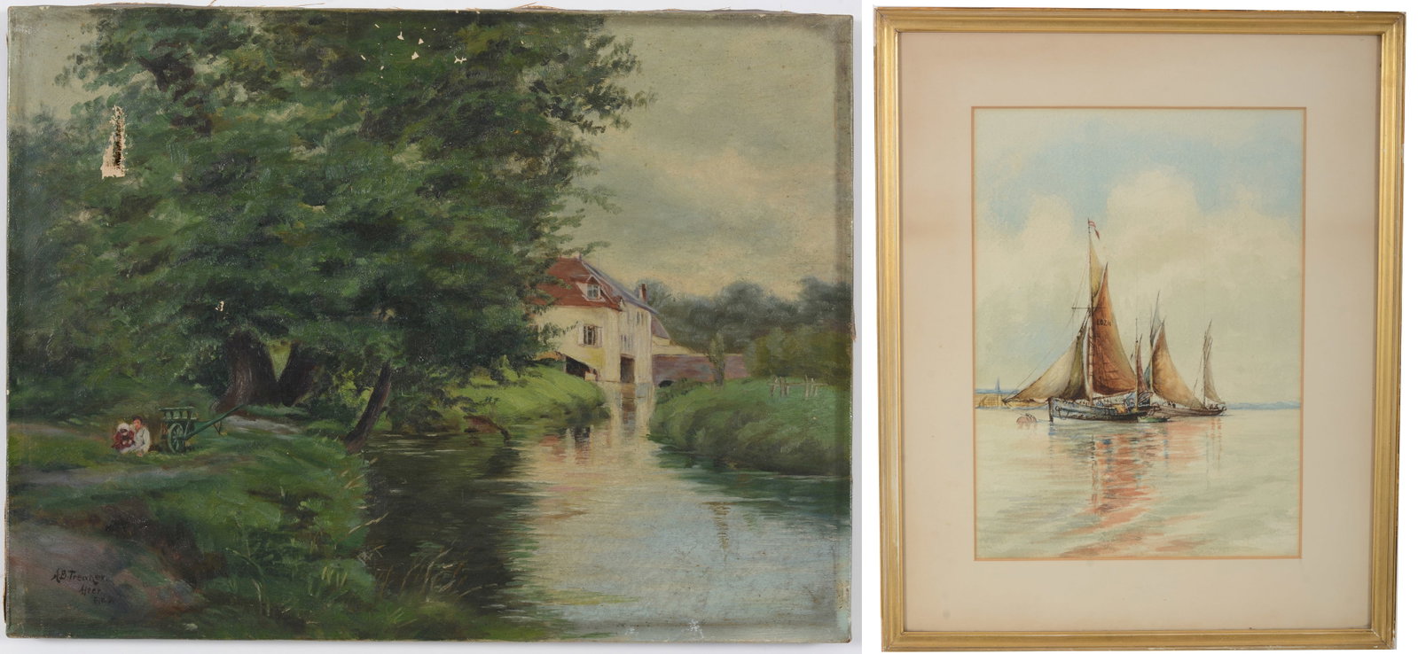 2 A.B. Traenor paintings. 1) Watercolor seascape. 2) Oil on canvas copy of landscape with damage.: 2 A.B. Traenor paintings. 1) Watercolor seascape. 2) Oil on canvas copy of landscape with damage. Overall size of watercolor: 17.5 x 14in.