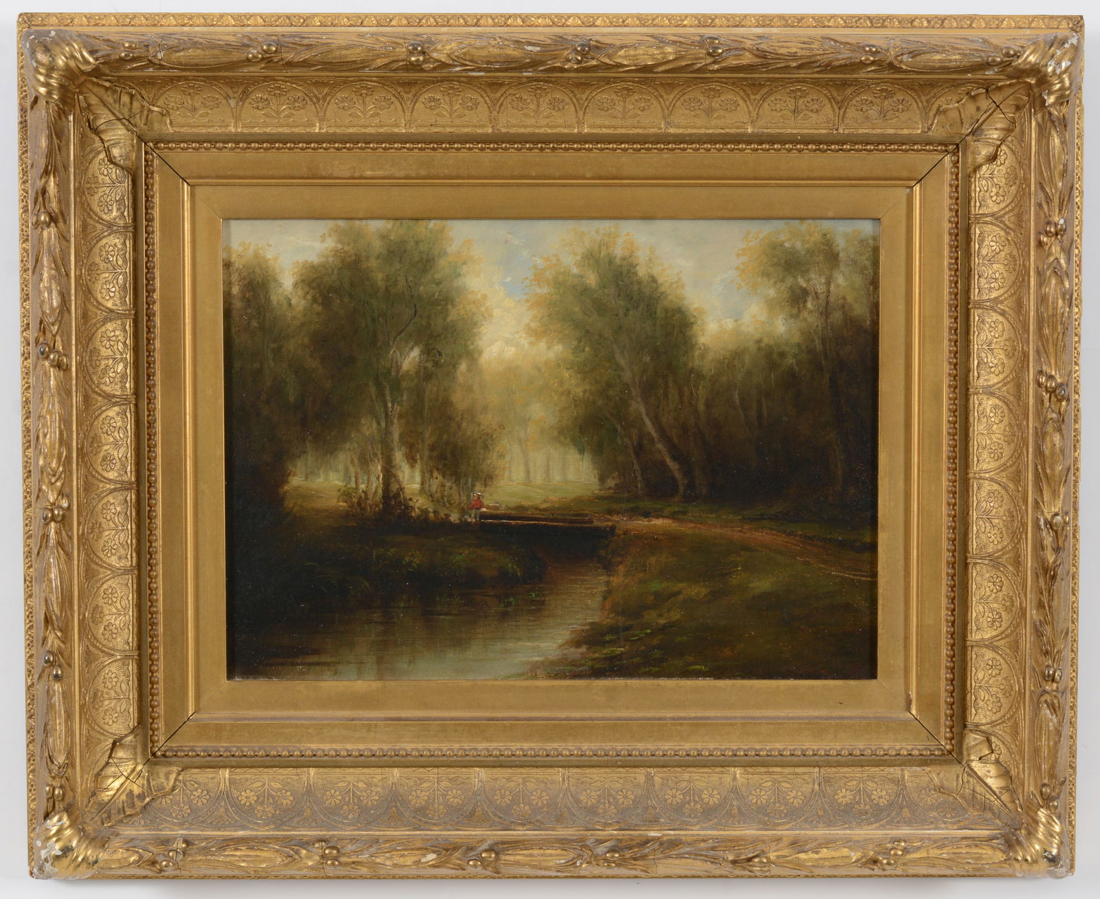 19th century American school landscape. Figure crossing a creek in a wooded landscape. Monogrammed (1 of 8)