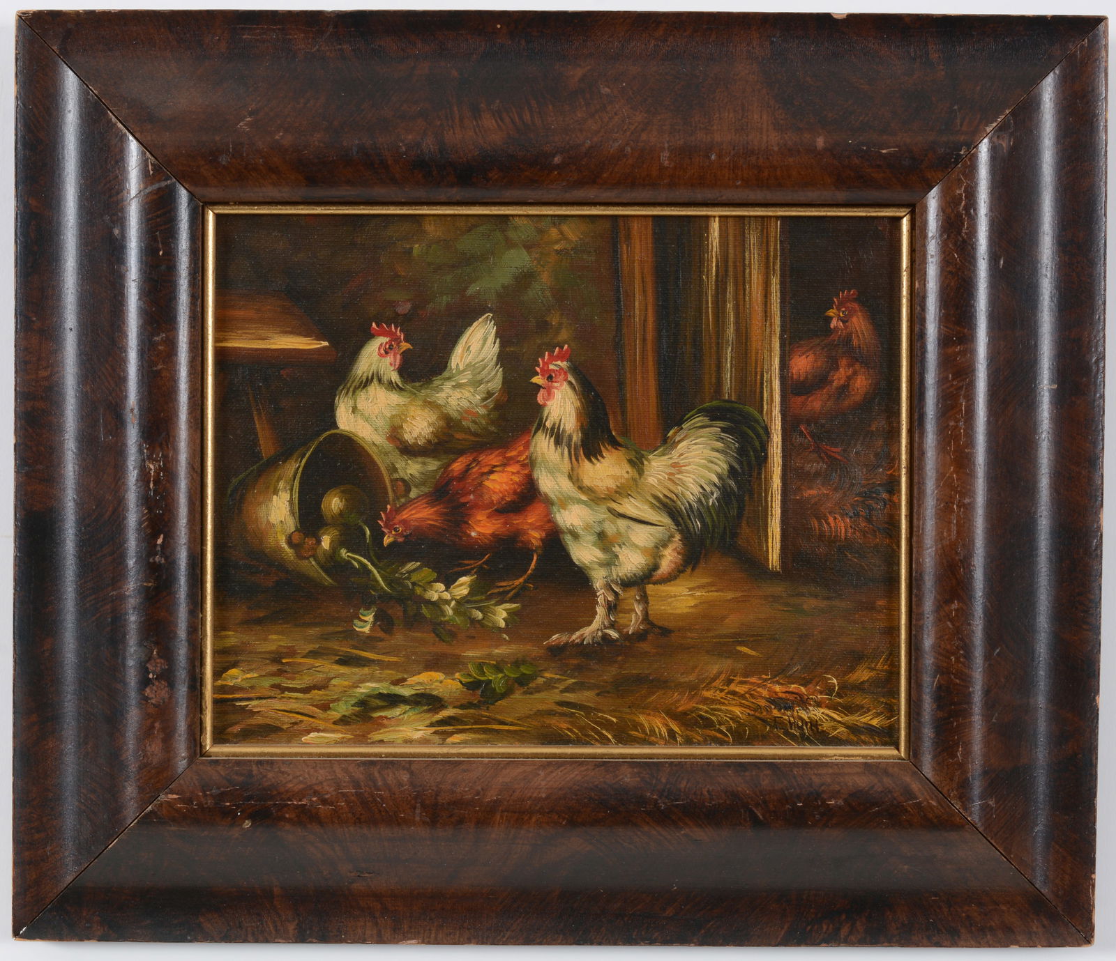 Farmyard scene with chickens. Attributed to Edgar Hunt. Oil on canvas. Signed lower right. Framed.: Farmyard scene with chickens. Attributed to Edgar Hunt. Oil on canvas. Signed lower right. Framed. Sight: 8 x 10in. Overall: 12.5 x 14.5in.