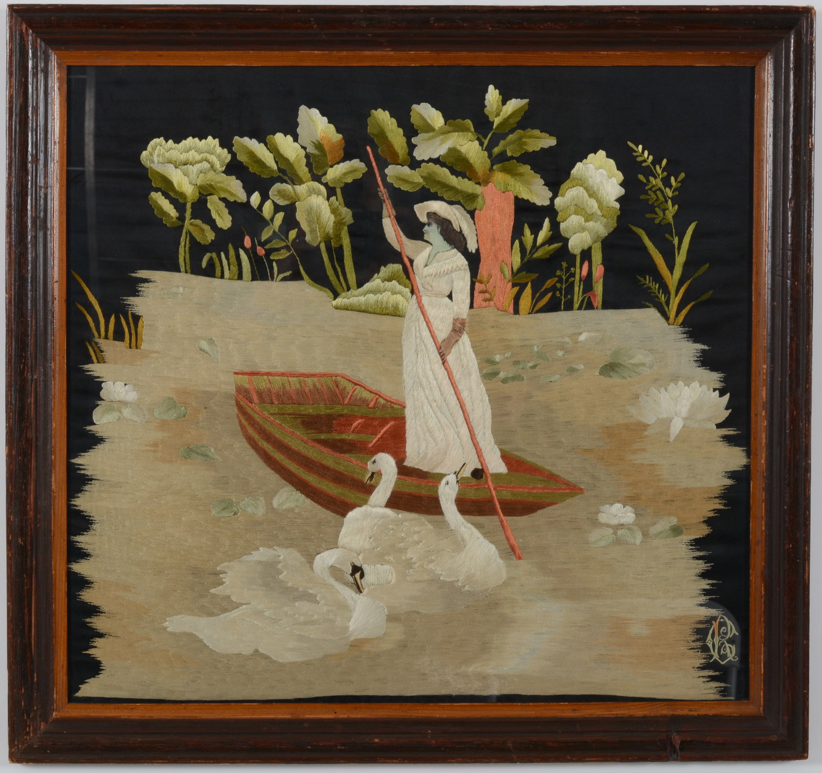 19th/20th century fine quality embroidered silk picture depicting a woman in pond boat with swans.: 19th/20th century fine quality embroidered silk picture depicting a woman in pond boat with swans. Maker's monogram lower right. Framed. Overall: 25 x 26.5in.