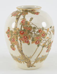 Yabu Meizan satsuma vase. Meiji period (1868-1912). Oviform shape. Decoration of a flowering tree: Yabu Meizan satsuma vase. Meiji period (1868-1912). Oviform shape. Decoration of a flowering tree and daffodils. Signed Yabu Meizan on a gold seal. 6.5in H.