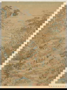 Textile panel. China. 18th century. Tapestry weave scene in Kossu. Scene of the immortals at Po: Textile panel. China. 18th century. Tapestry weave scene in Kossu. Scene of the immortals at Po Shan. Framed under glass. Sight: 39.5 x 29in. Overall: 52 x 34in.