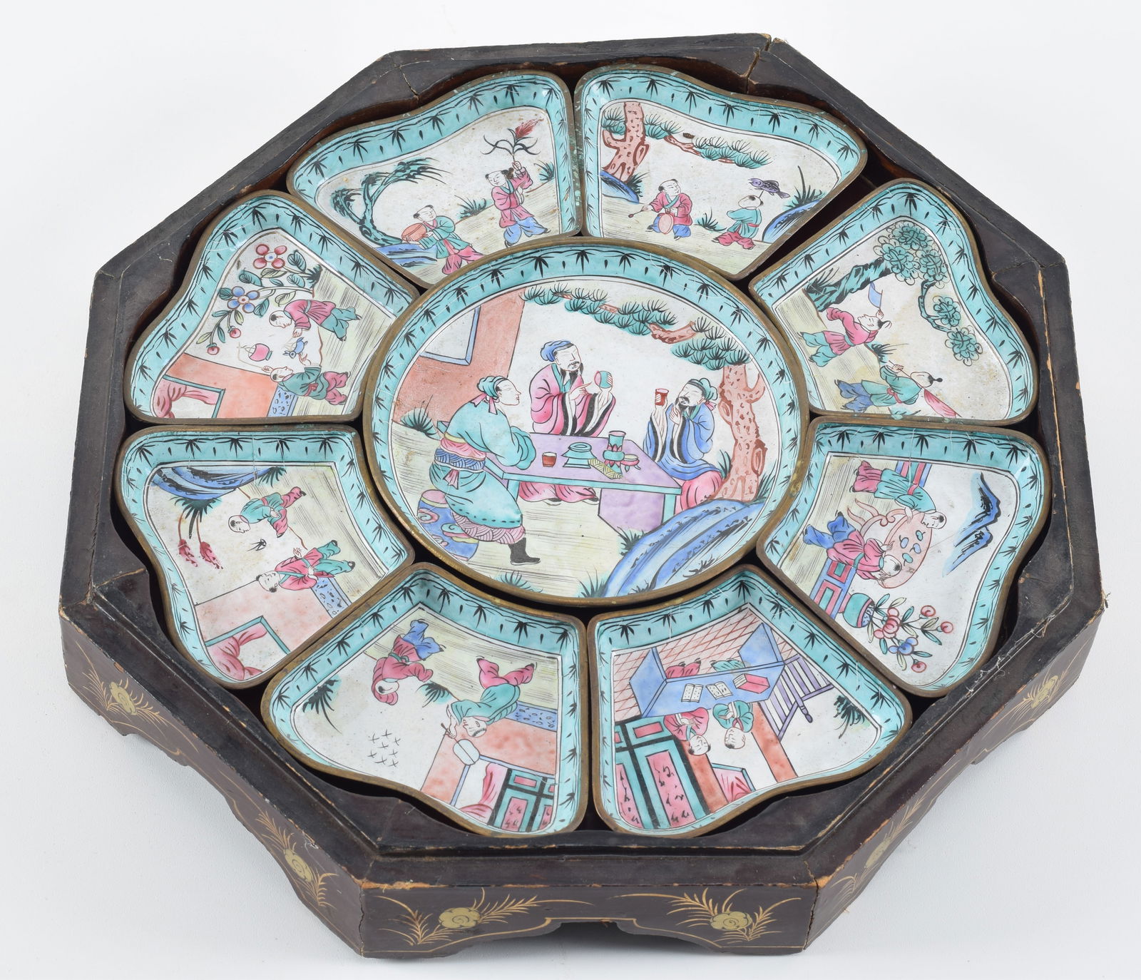 Sweetmeat set. China. Late 19th/early 20th century. Octagonal black lacquer box containing shaped (1 of 7)