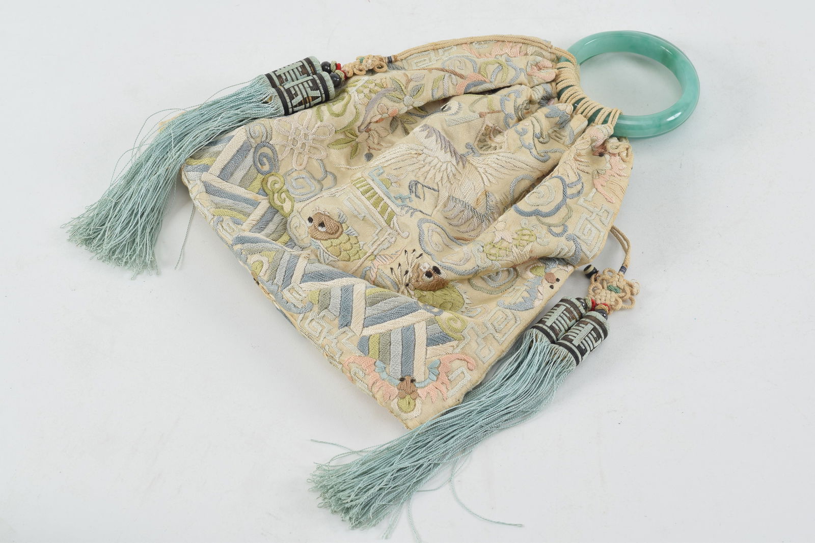 Embroidered silk bag. China. Early 20th century. Peking glass bangle handles. 9 x 10in. (1 of 5)