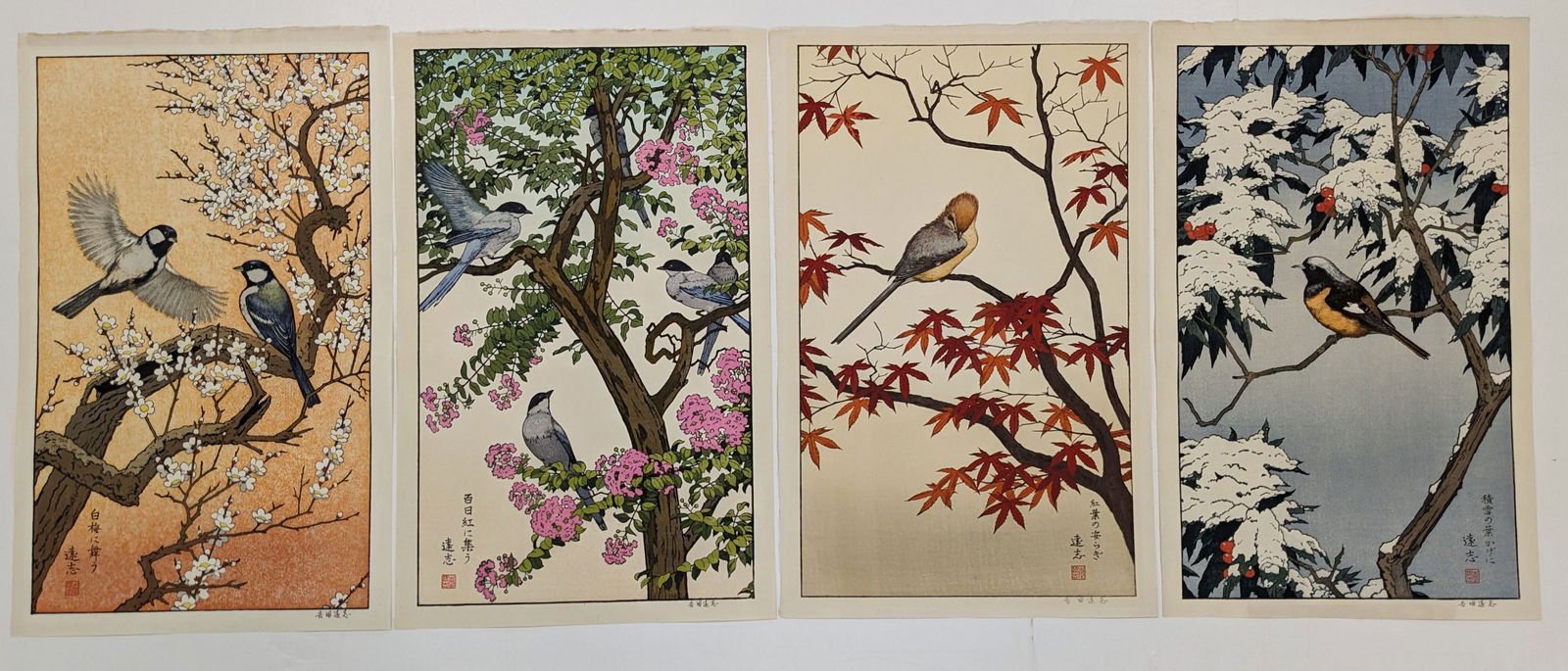 Toshi Yoshida. Birds of the Four Seasons. Japanese woodblock prints. Set of 4 showing song birds in (1 of 8)