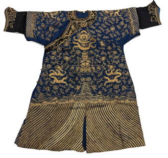 Dragon robe. China. Late 19th century. Gold embroidery on a blue ground.: Dragon robe. China. Late 19th century. Gold embroidery on a blue ground.