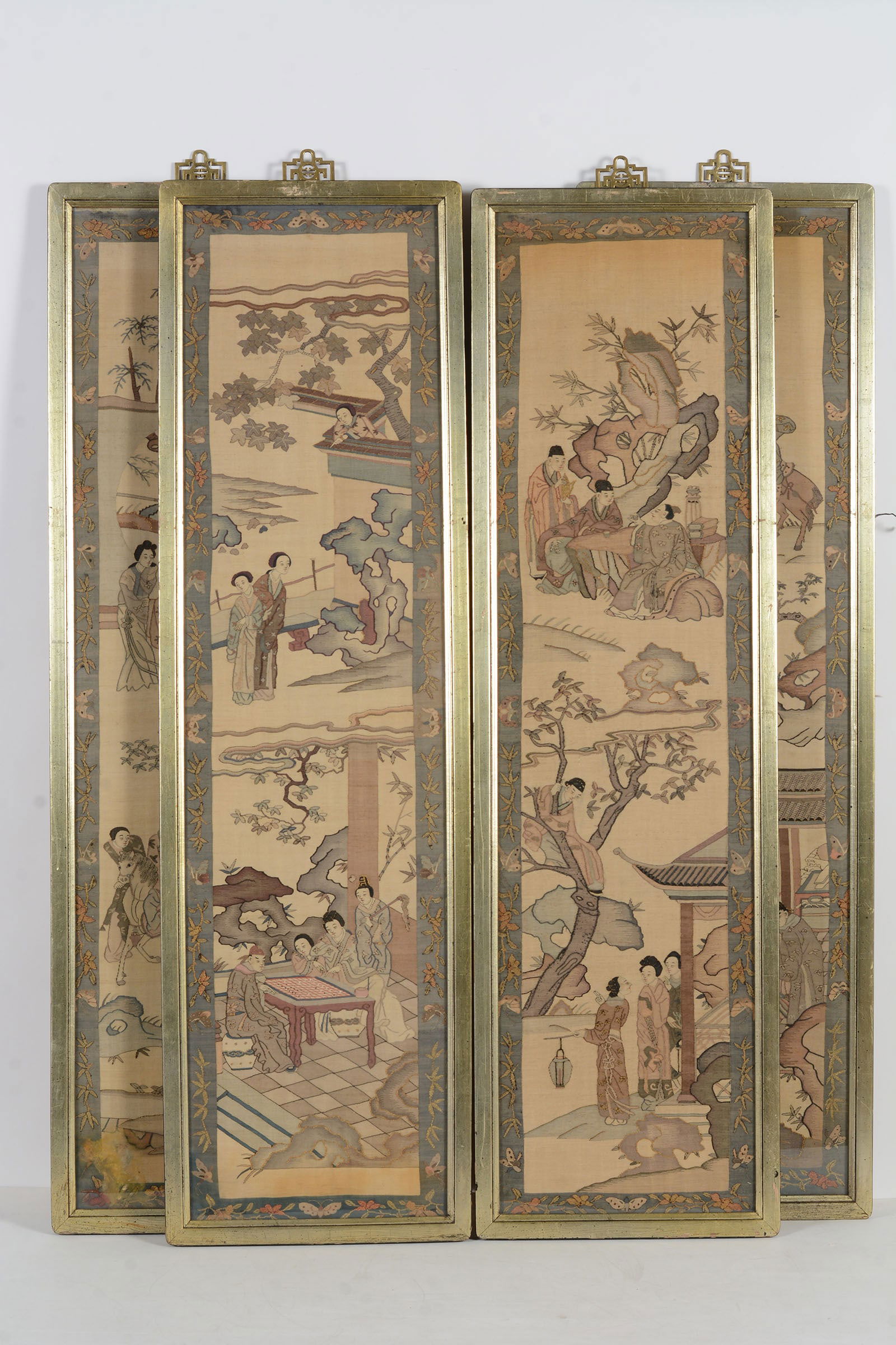 Set of 4 tapestry weave panels. China. 19th century. Kossu with historical scenes. 42 x 11in. Framed (1 of 14)