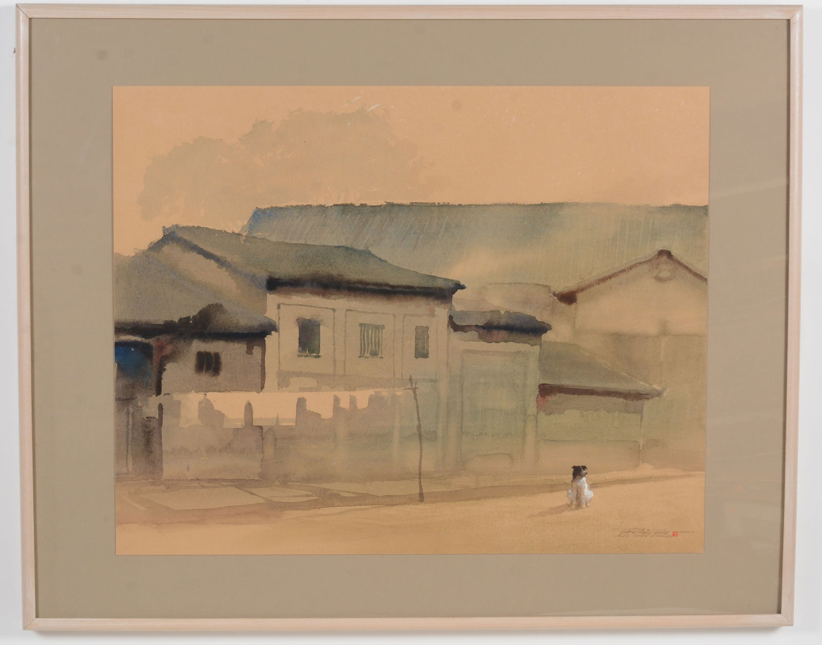 Large Signed Chinese watercolor painting. Figures on the shoreline next to a boat. Signed with a red (1 of 7)