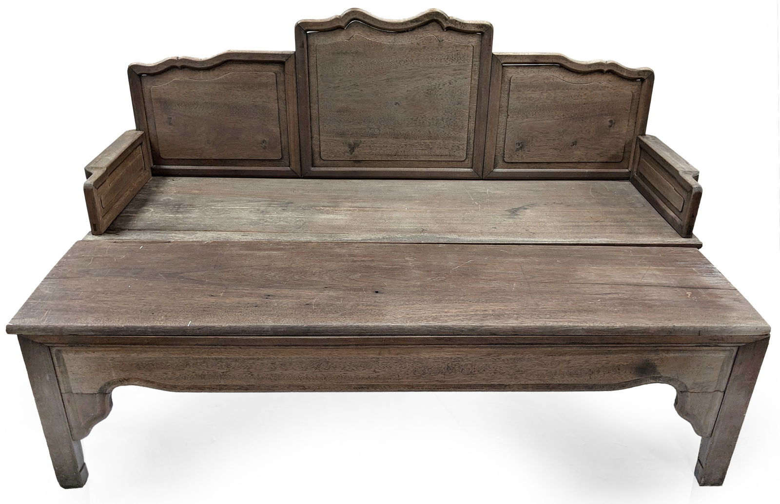 Rosewood opium couch. China. 19th century. Pull-out section with removable plank. Backrest removable: Rosewood opium couch. China. 19th century. Pull-out section with removable plank. Backrest removable, also. Faded and sun touched. 72in length.