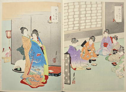 Ogata Gekko. Series on the Customs of Ladies (Fujin Fuoku Zukushi). Album of 36 woodblock prints: Ogata Gekko. Series on the Customs of Ladies (Fujin Fuoku Zukushi). Album of 36 woodblock prints plus double title pages and publisher's Imperial commendation page. Silk brocade covers. 13 7/8" x 9