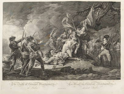 American Revolution prints. 19th century. To include: 1) "The Death of General Montgomery". French: American Revolution prints. 19th century. To include: 1) "The Death of General Montgomery". French and English version. Published by John Trumbull, 1808. 19 1/2" x 27". 2) 2 examples of "Declaration o