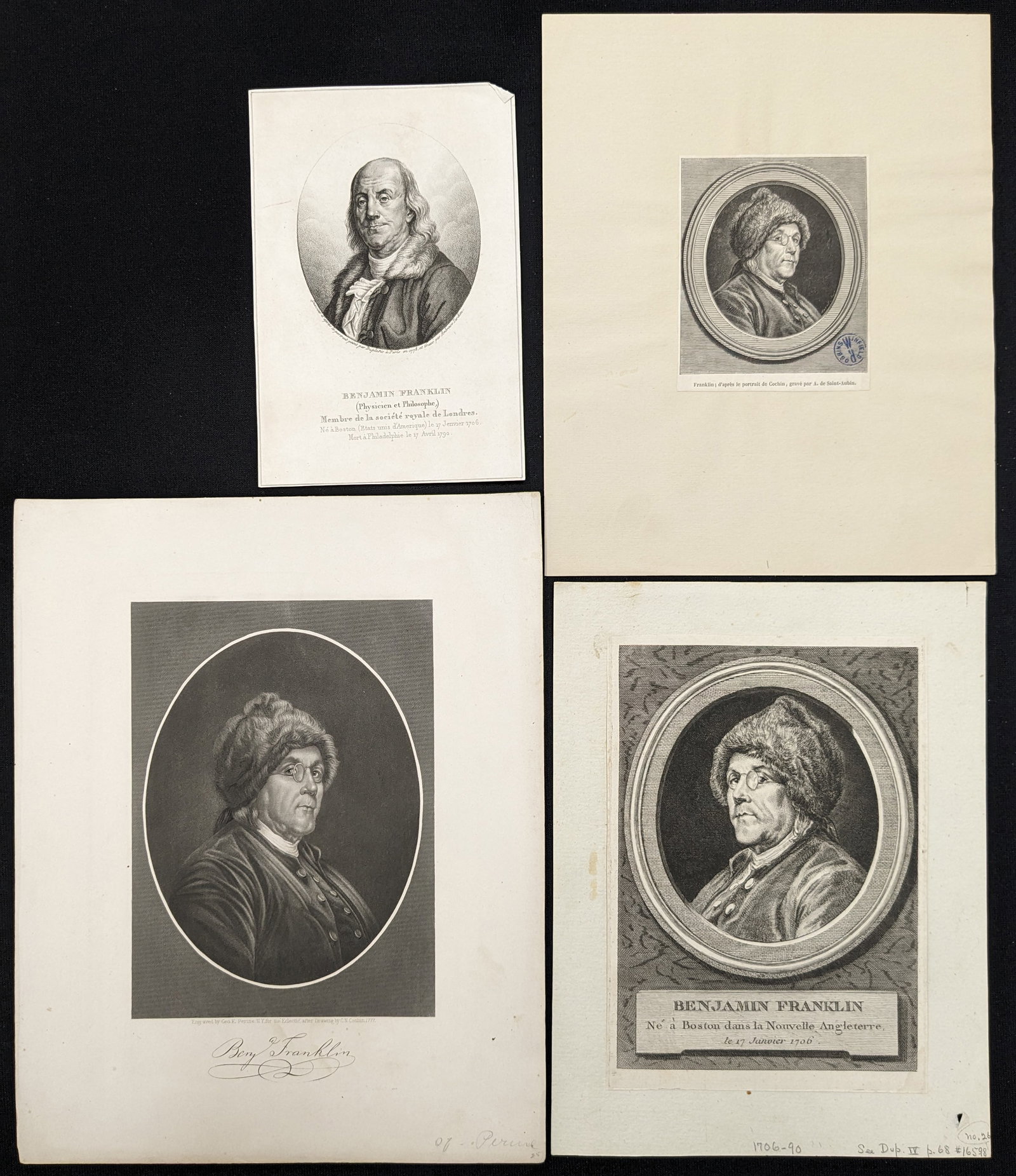 Lot of 4 Benjamin Franklin portraits. 3 18th/19th century French engravings, the other a 19th (1 of 4)