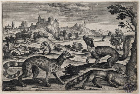 Adriaen Collaert. 2 animal engravings. 1) "Monkeys". 195 x 133mm. 2) "Foxes and Squirrels". 195 x: Adriaen Collaert. 2 animal engravings. 1) "Monkeys". 195 x 133mm. 2) "Foxes and Squirrels". 195 x 133mm. Each matted, 14" x 18". Provenance: The Winfield Robbins print collection of Arlington, Massach