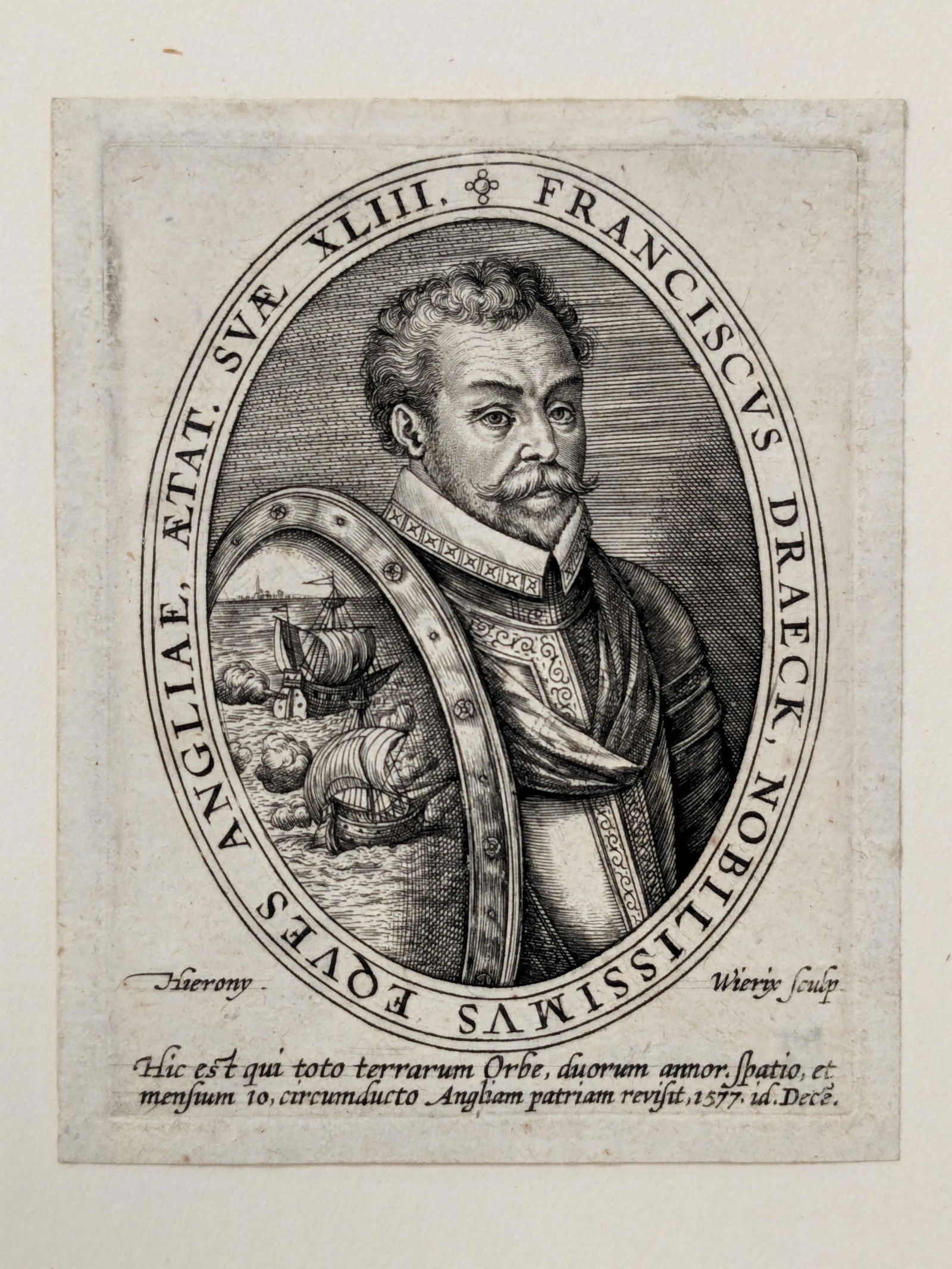 Francis Drake. Engraved portrait by Hieronymus Wierix ca. 1577. 3/16" margins. Overall: 89mm x 69mm.: Francis Drake. Engraved portrait by Hieronymus Wierix ca. 1577. 3/16" margins. Overall: 89mm x 69mm. Left side and top reinforced. Collection stamp on reverse. Matted, 18" x 14". Provenance: The Winfi