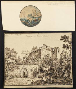 2 architectural drawings. 1) Small round watercolor with classical ruins and figures attributed to: 2 architectural drawings. 1) Small round watercolor with classical ruins and figures attributed to Gartner. Laid down on sheet. 3 1/2" diameter. 2) Ink drawing of a landscape with ruins. Inscriptions