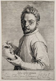 Agostino Carracci. Portrait of Giovanni Gabrielli "Il Sivello". 3 examples, one toned, worn and laid: Agostino Carracci. Portrait of Giovanni Gabrielli "Il Sivello". 3 examples, one toned, worn and laid down at corners, one with ink stains. Each about 7 1/2" x 5". One matted, 14" x 18". Provenance: Th