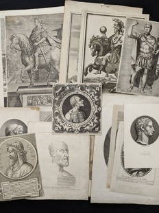 Large grouping of classical prints. 17th-19th centuries. Portraits of various philosophical,: Large grouping of classical prints. 17th-19th centuries. Portraits of various philosophical, political, military and literary figures from antiquity. Sizes vary. Overall of container: 19 x 14". Proven