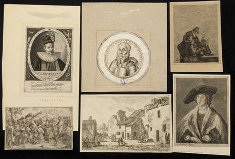 Lot of assorted old master prints. 17th-19th centuries. Includes engravings and woodcuts with: Lot of assorted old master prints. 17th-19th centuries. Includes engravings and woodcuts with portraits of notables, landscapes, scenes, various works after Lucas van Leyden, and others. Provenance: T