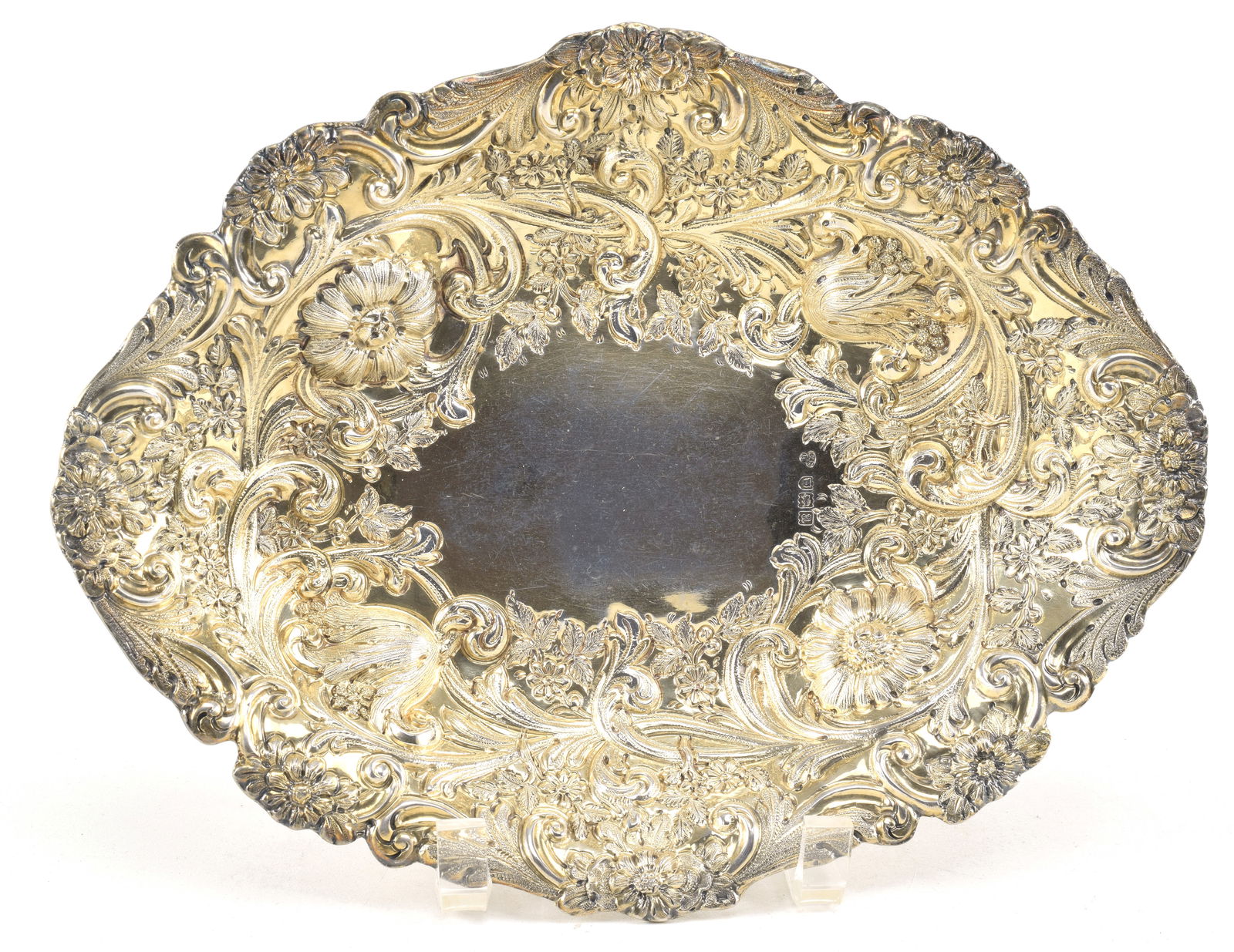 Charles Stuart Harris 1896 English sterling silver dish. Heavy ornate floral repousse decoration. (1 of 6)