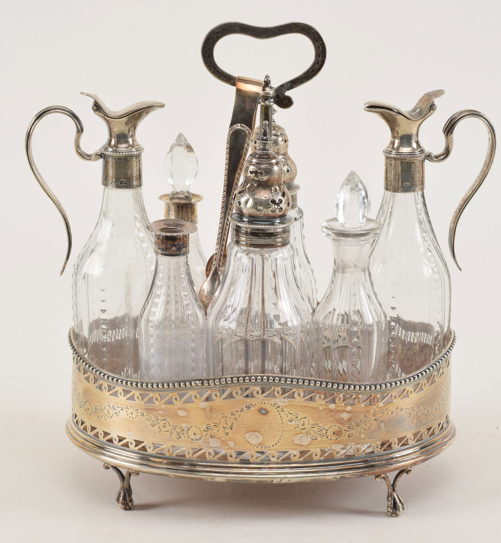 English sterling silver cruet set with crystal bottles, London 1825-35. Assorted hallmarks, partial (1 of 5)