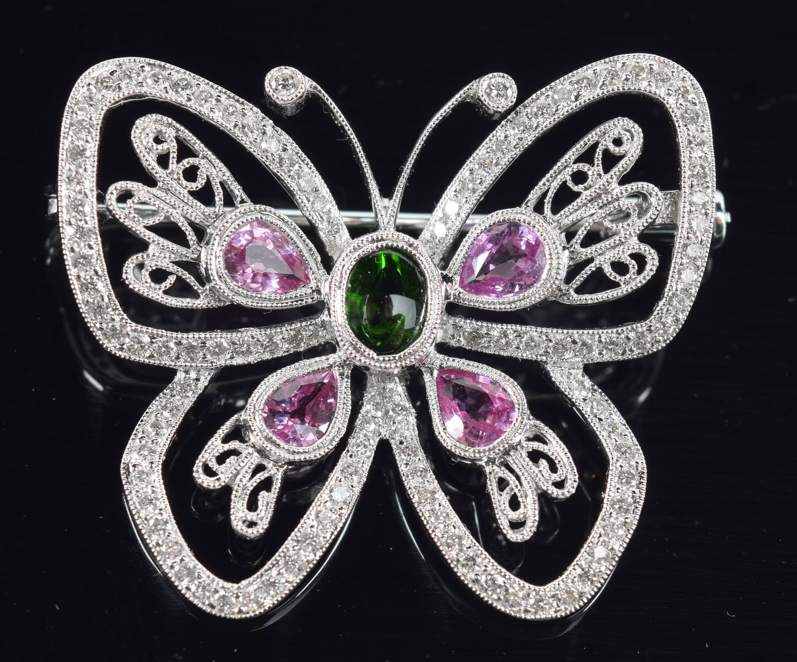 18K gold butterfly form diamond mounted pin with 4 pink sapphires and central emerald. Marked 18K (1 of 5)