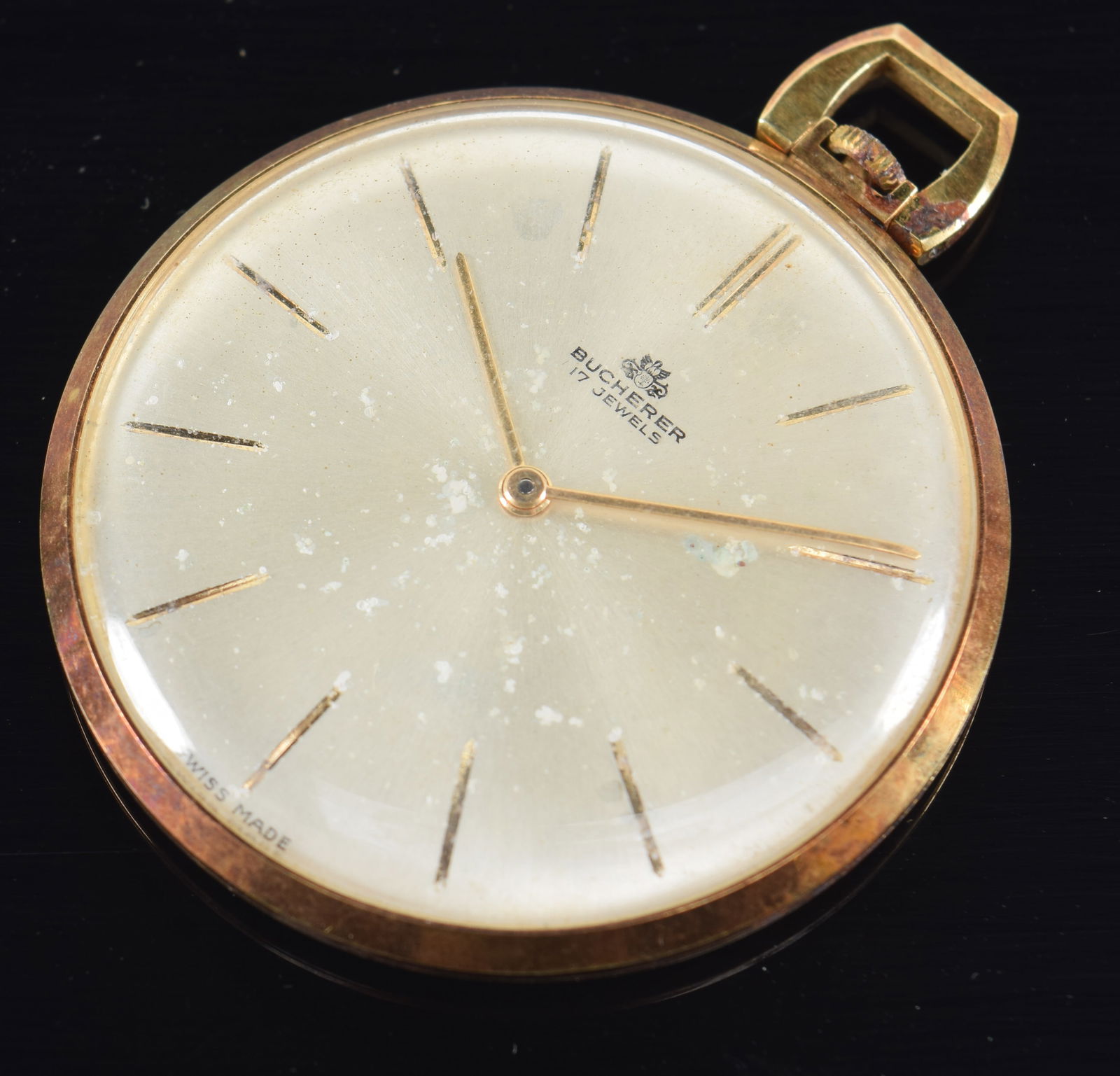 Bucherer 14K gold pocket watch. 17 jewels. Swiss movement. Marked 14K and 585 on back of case. (1 of 4)