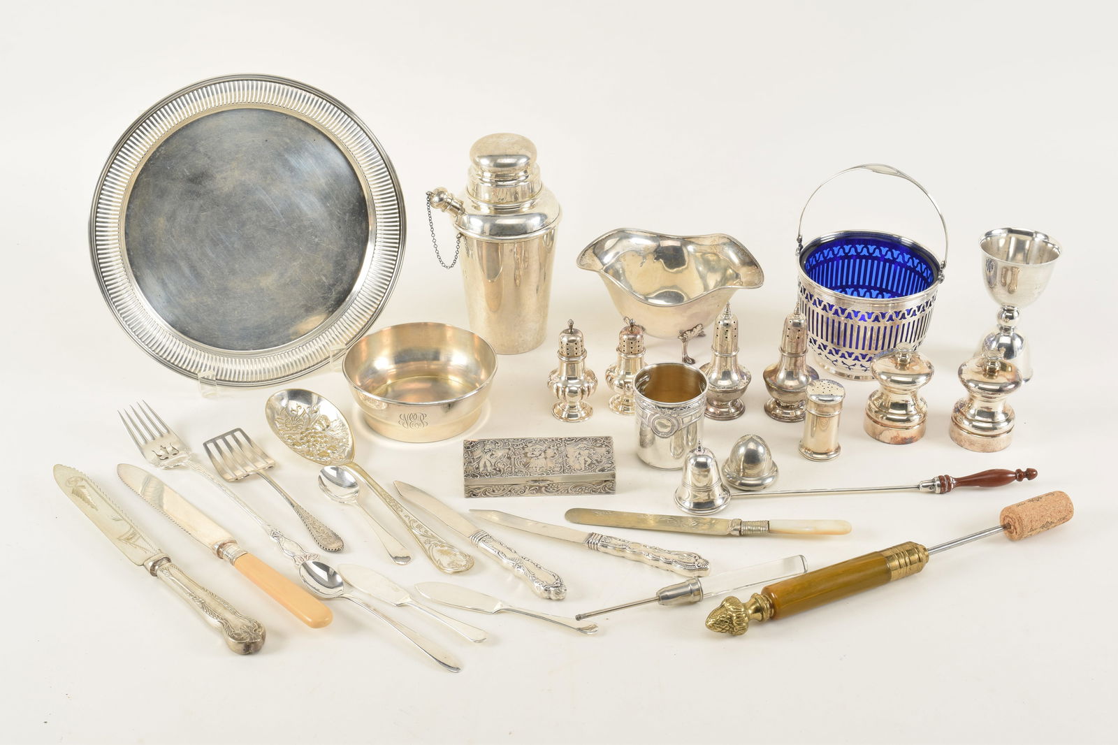 Large lot of assorted sterling silver and plated items. To include: sterling Shreve Crump and Low (1 of 5)