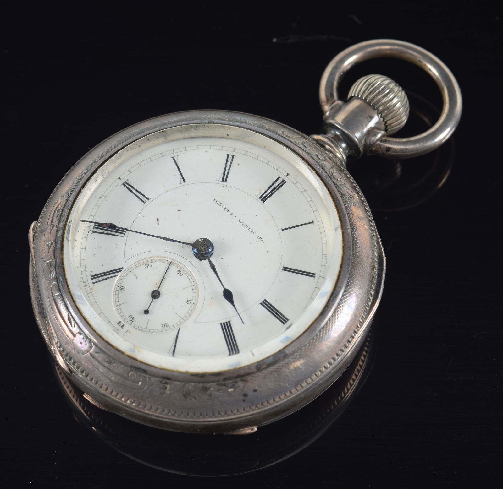 Large coin silver Illinois Watch Co. pocket watch. Key wind. With key. Runs and stops. 2.3in (1 of 4)