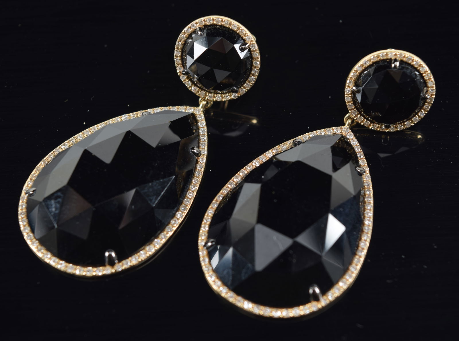14K yellow gold and diamond faceted onyx drop earrings. Pear shaped faceted black onyx and round (1 of 7)
