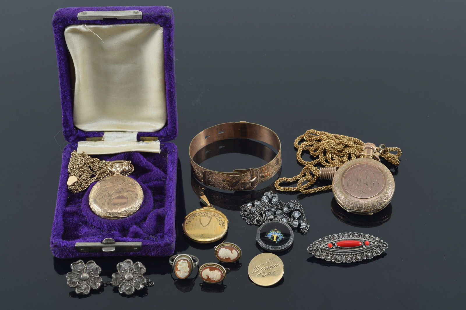 Vintage and Victorian jewelry including 2 ladies pocket watches with long chains and slides, an (1 of 7)