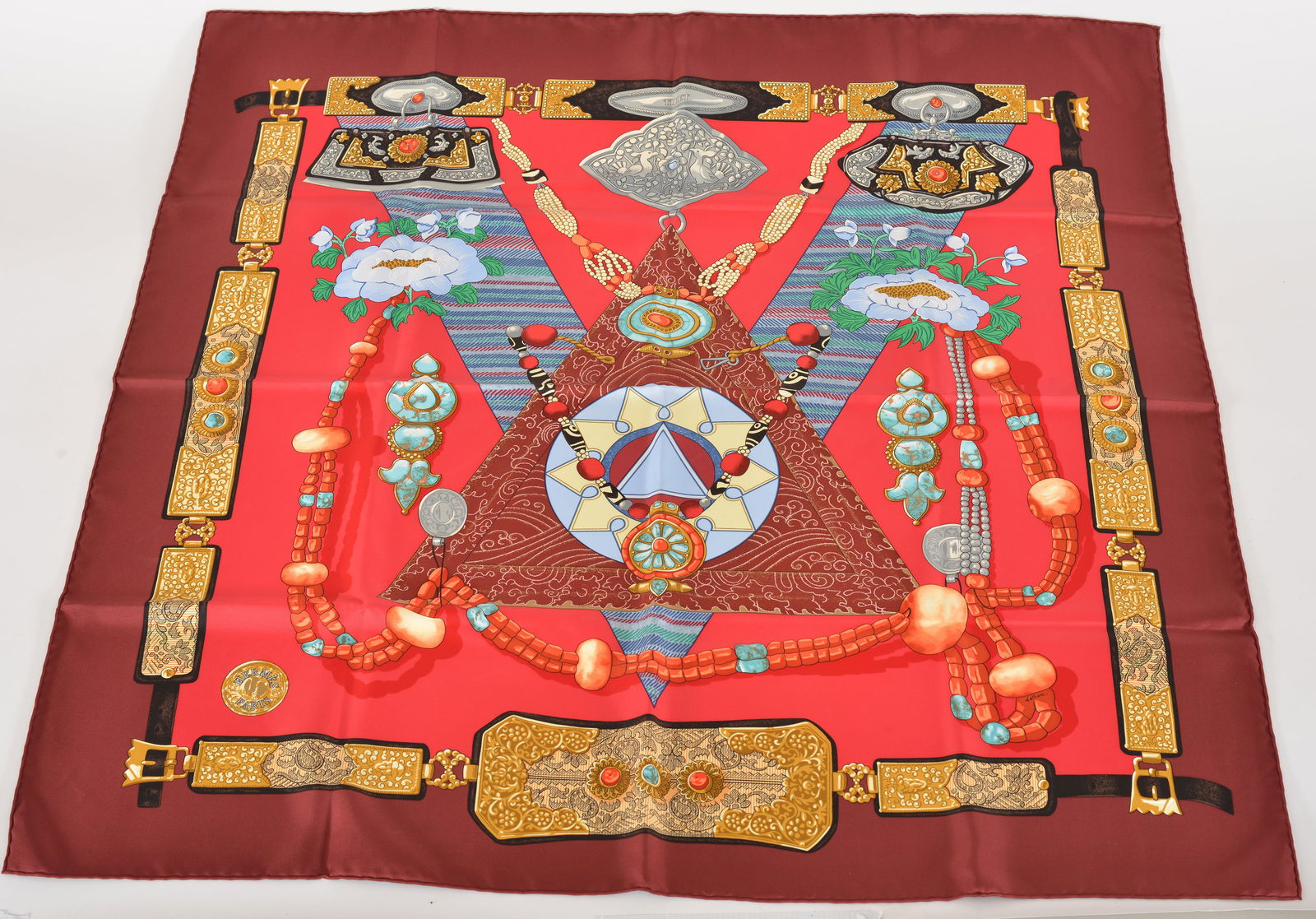 Hermes "Tibet" silk scarf with original box. Burgundy and red ground with gold and jewel design. 35 (1 of 12)