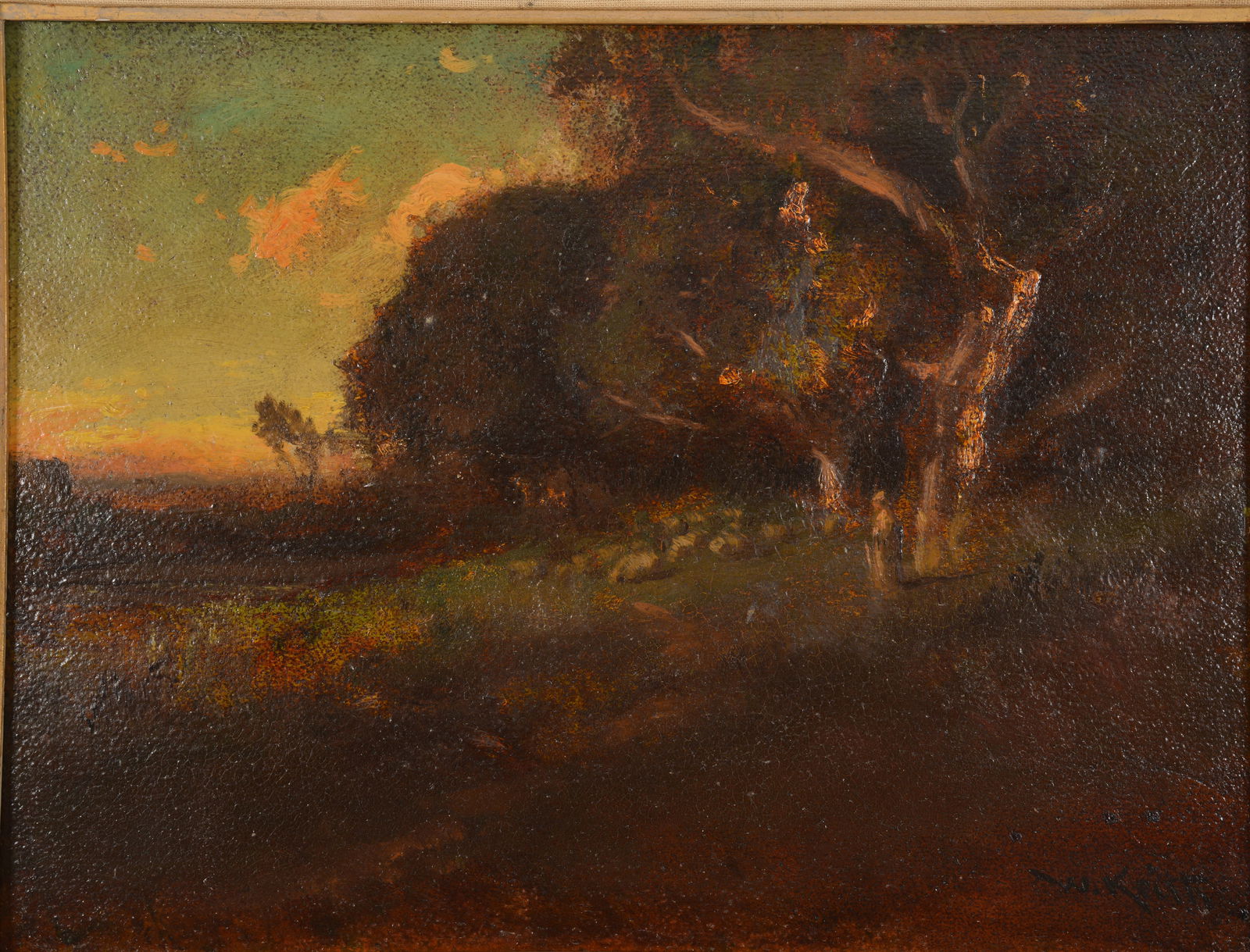 William Keith. Landscape with a figure by a tree. Oil on board. Signed lower right. Unframed. 12 x: William Keith. Landscape with a figure by a tree. Oil on board. Signed lower right. Unframed. 12 x 16in.