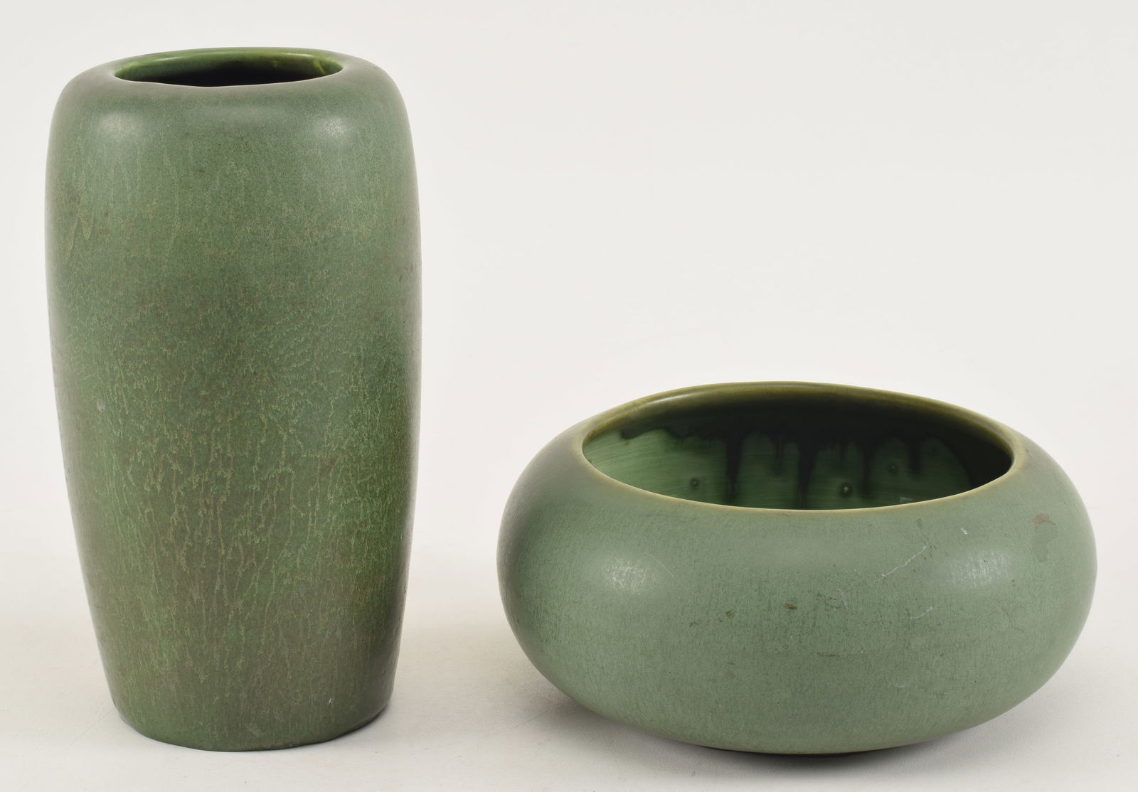 2 Hampshire pottery vases with green glaze. One tall vase and one squat open vase. Heights 7.5 and (1 of 9)
