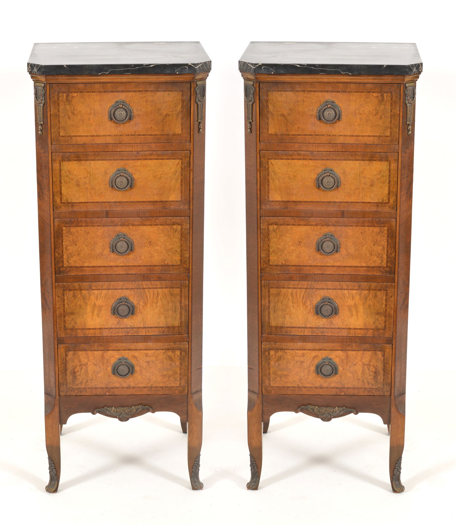 Pair of French style marble top side tables. Johnson-Handley-Johnson Co. brand inside drawer. 20th (1 of 6)