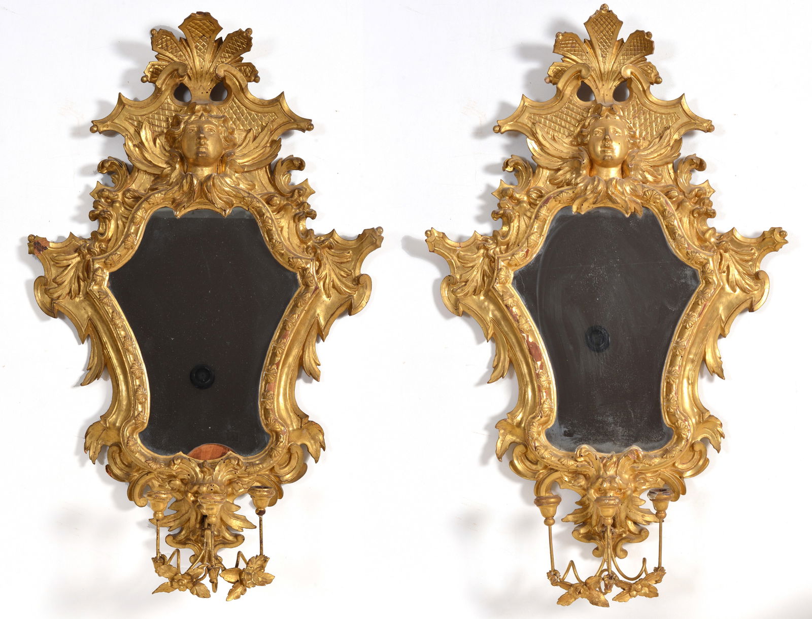 Pair of Continental gilt carved figural cartouche mirrors, 19th Century. The elaborate crest with a (1 of 8)