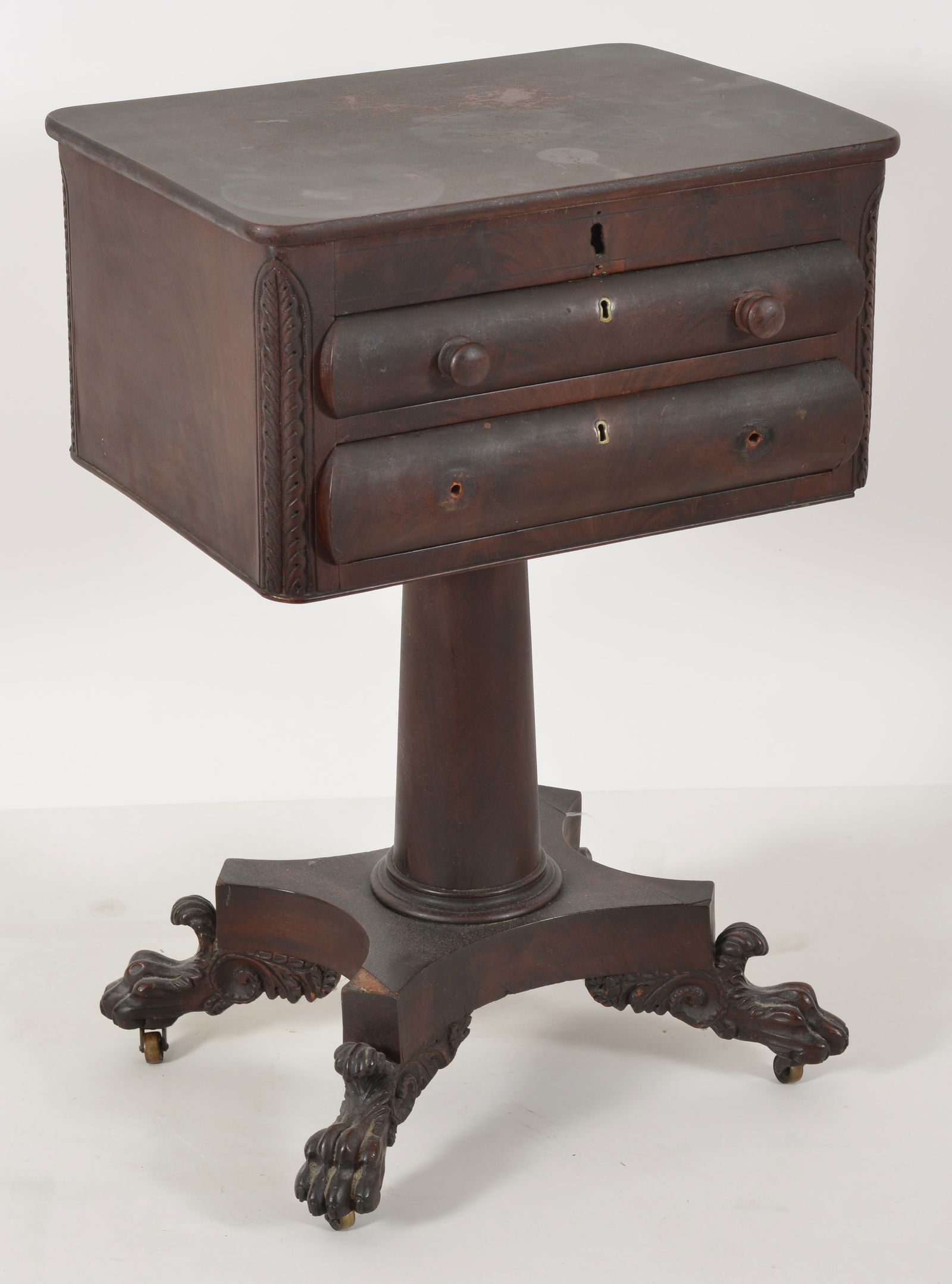 Empire mahogany two drawer work table with top fitted drawer and paw feet, 19th Century. Height 30 (1 of 7)
