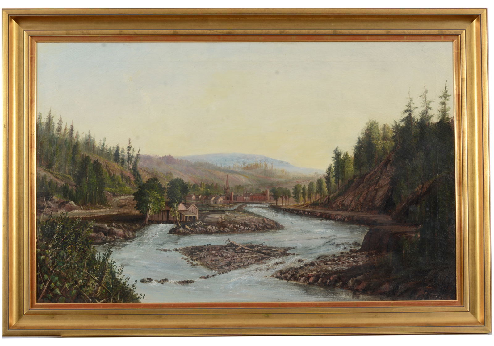 19th century American school large landscape depicting a mill town on a river. Oil on canvas. (1 of 7)