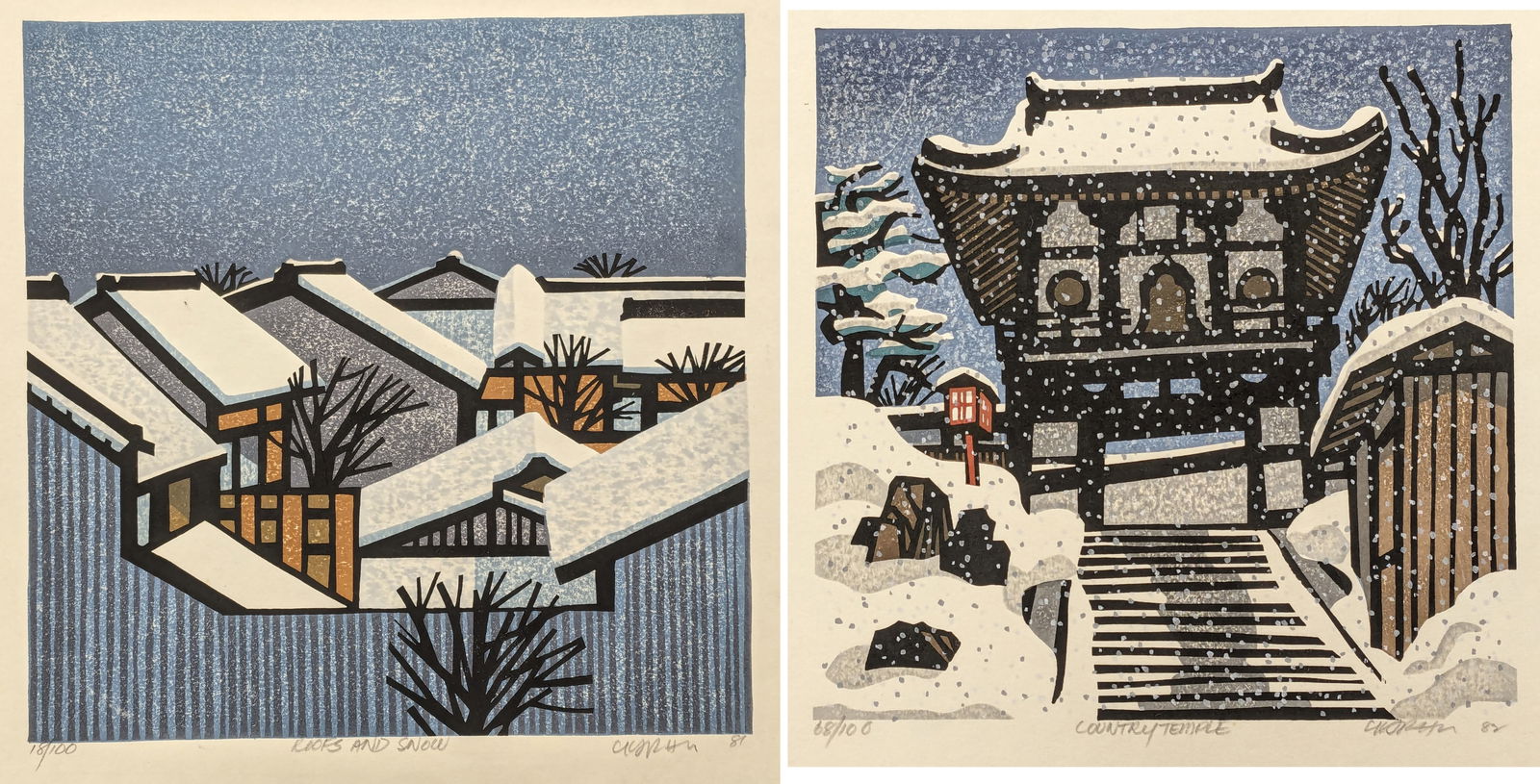 Clifton Karhu. 2 color woodblock prints. 1) "Roofs and Snow". Village rooftop scene in winter. (1 of 14)