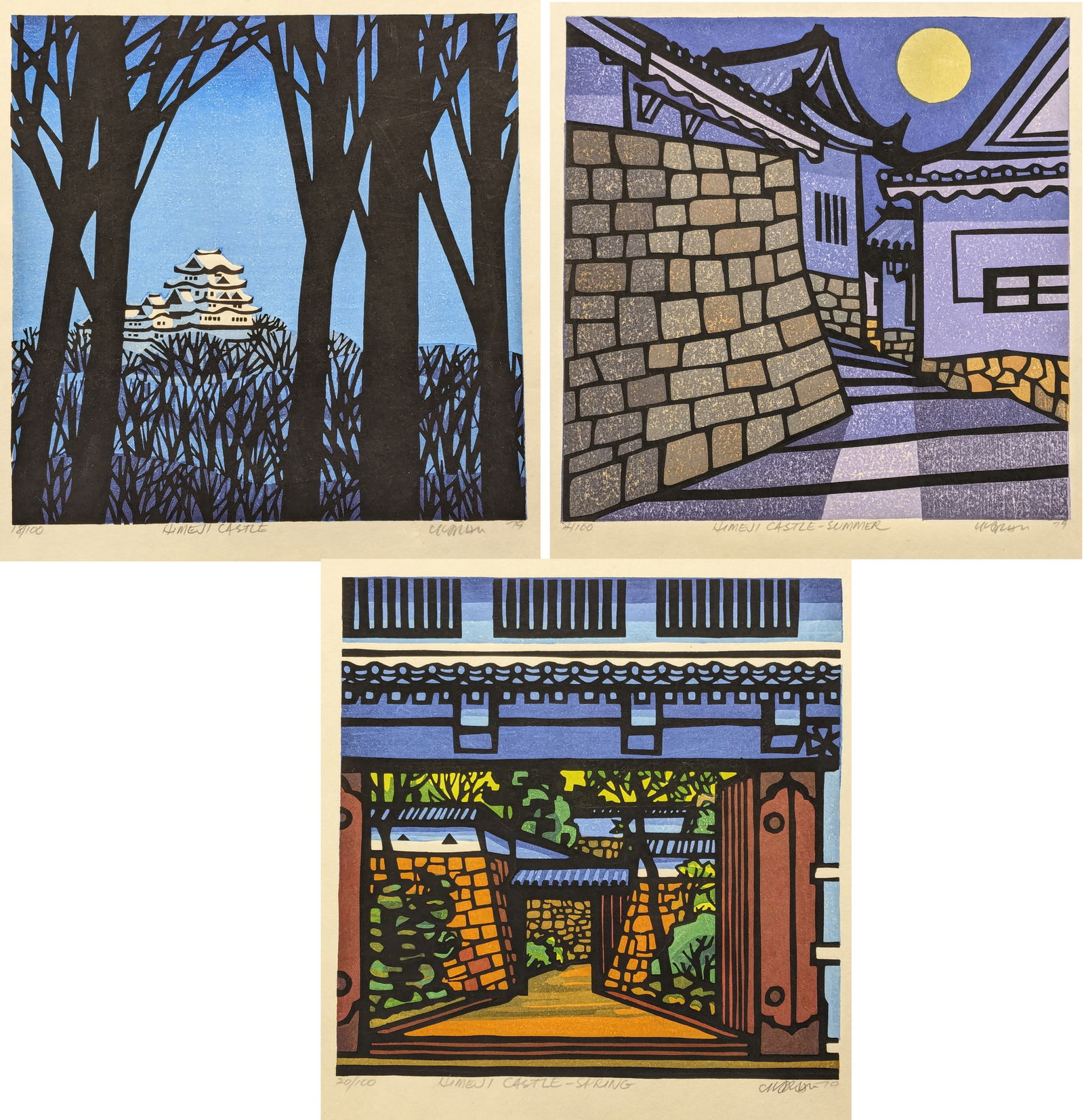 Clifton Karhu. "Himeji Series". 3 color woodblock prints. 1) "Himeji Castle". Signed, titled, dated (1 of 10)
