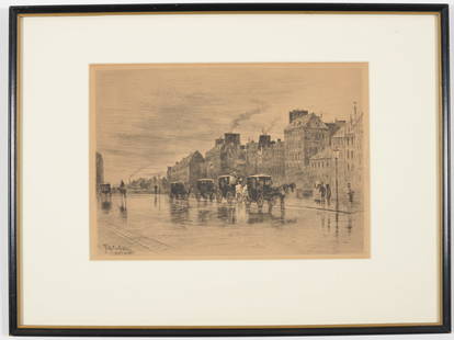 Felix Hilaire Buhot (French 1847-1898) "Matinee D'Hivar, Au Quai de L'Hotel Dieu". Etching, signed: Felix Hilaire Buhot (French 1847-1898) "Matinee D'Hivar, Au Quai de L'Hotel Dieu". Etching, signed in plate, lower left. Gallery label verso. Framed and matted. Sight size 9 x 12.5 in, overall size 15