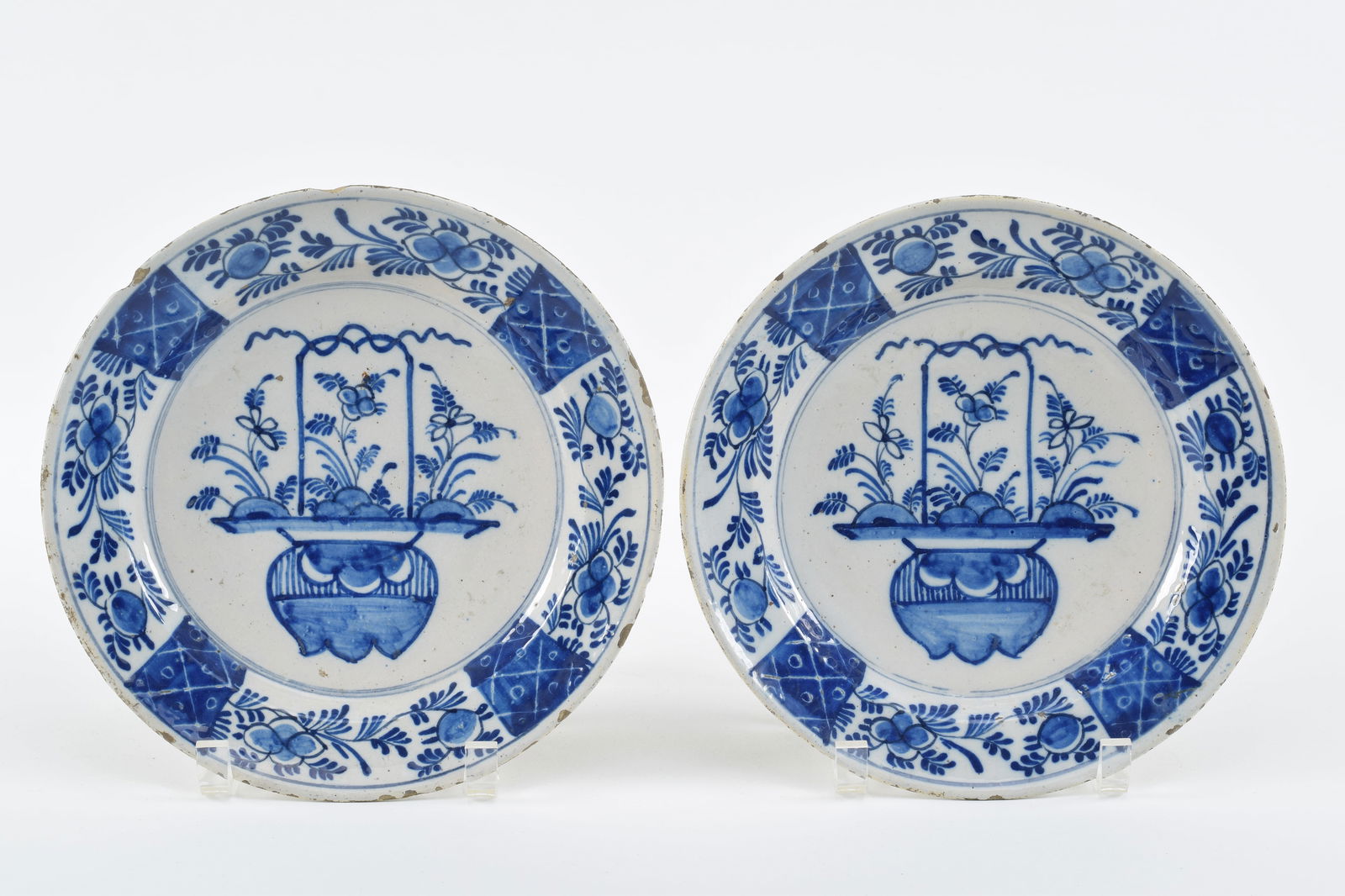 Pair of 18th Century Dutch delft blue and white plates with Chinese floral decorations. Diameter (1 of 6)