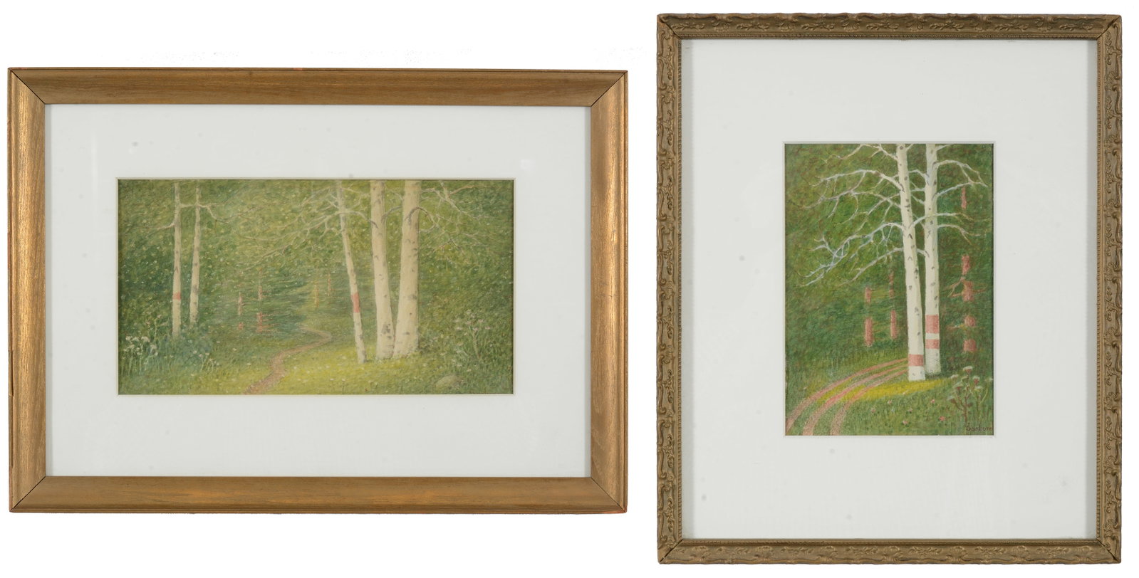 Percy Sanborn. Maine. 2 watercolor landscapes of birch trees. Each signed lower right. Framed under: Percy Sanborn. Maine. 2 watercolor landscapes of birch trees. Each signed lower right. Framed under glass. Overall: 1) 12.75 x 17.75in, 2) 13 x 11in.