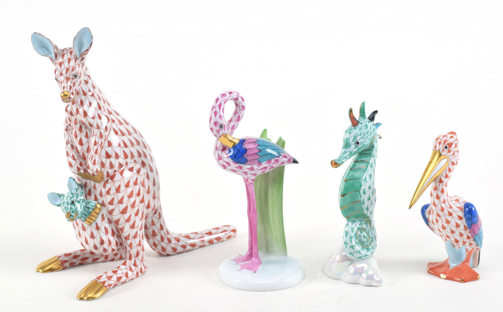 4 Herend Hand Painted Porcelain Animal Figurines. Kangaroo, Stork
