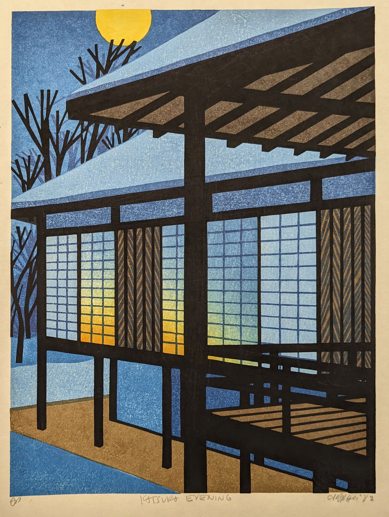 Clifton Karhu. "Katsura Evening". Color woodblock print of a house in a moonlit winter landscape. (1 of 10)