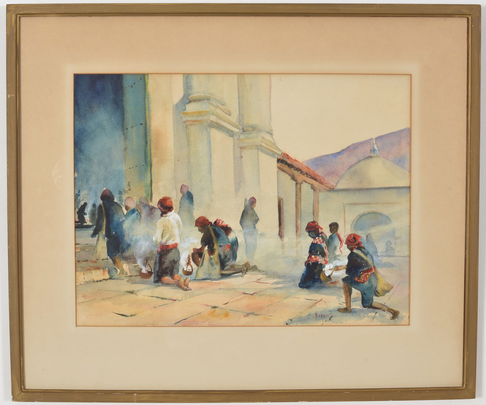 Early 20th century Orientalist watercolor scene with figures in a plaza. Signed Barnard lower right. (1 of 8)