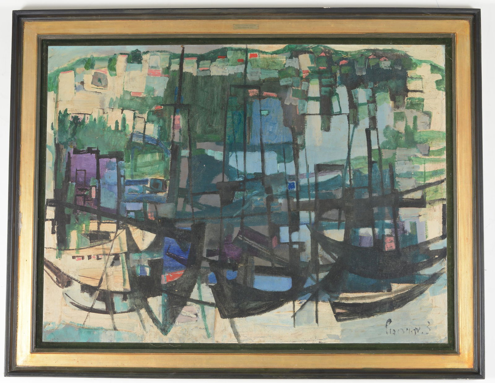 Zvi Mairovich. Israel/Poland. Large abstract harbor scene with boats reflecting in boat. Vibrant (1 of 6)