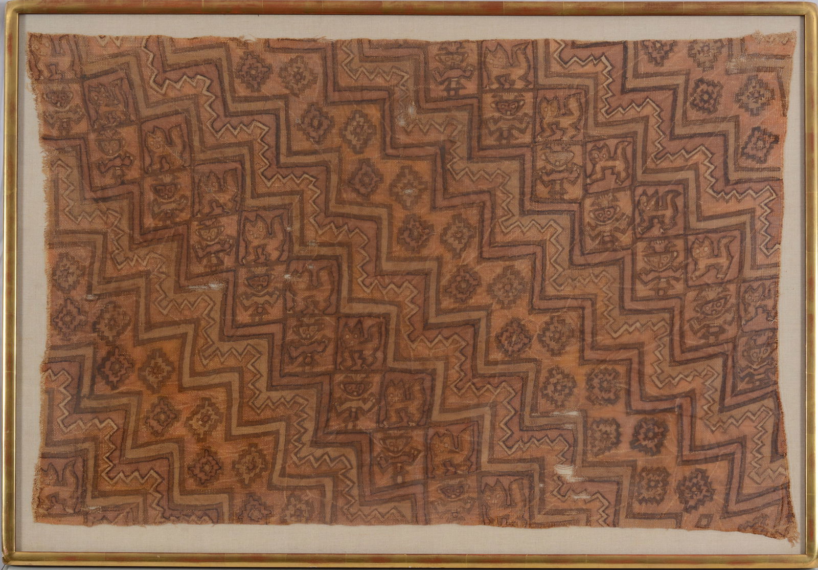Pre-Columbian textile. Framed. Textile approx: 29 x 43in. Overall: 31 x 44.5in. (1 of 4)