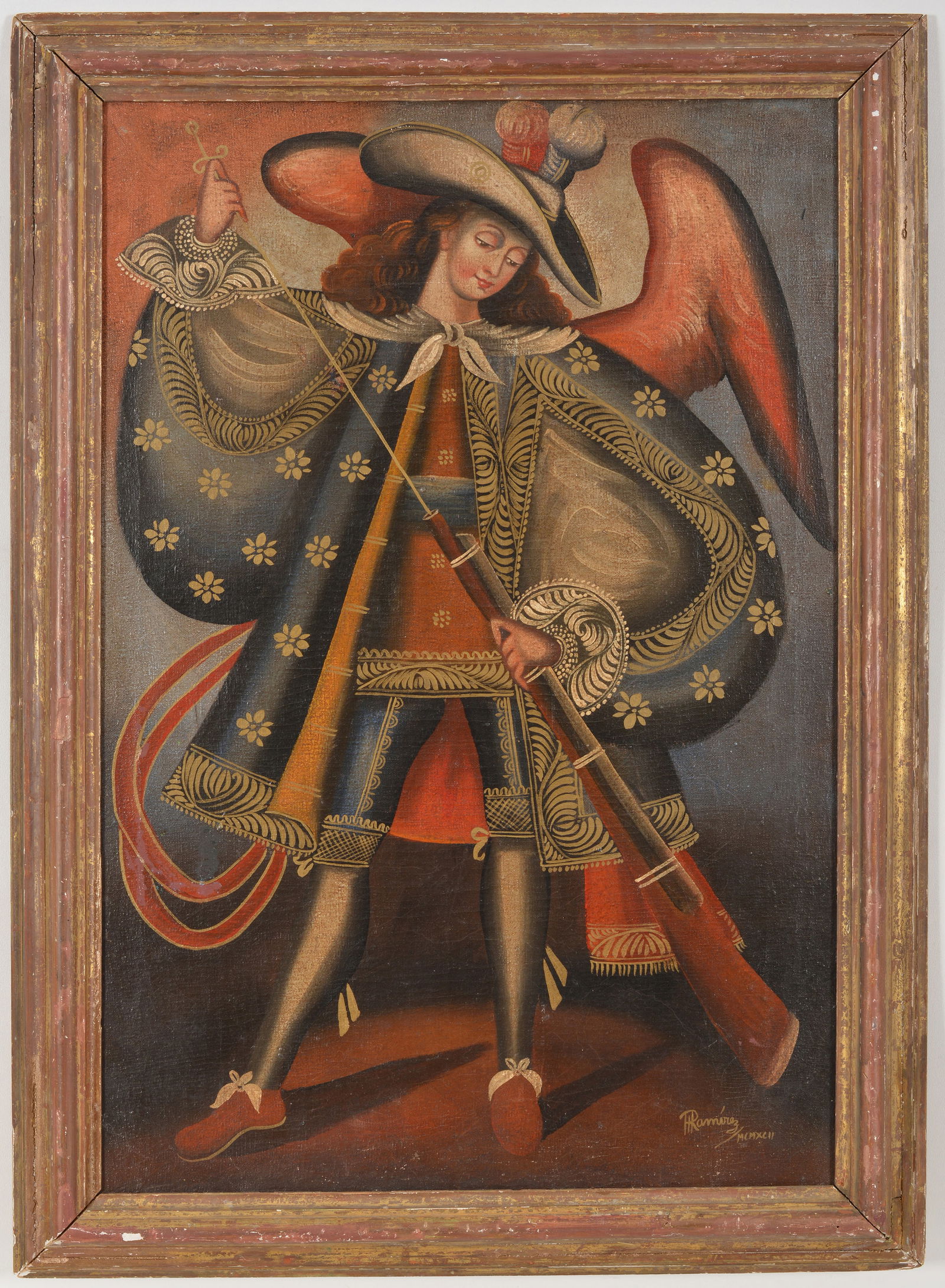 Mid 20th century Cuzco school style painting of an archangel. Oil on canvas. Framed. Signed and (1 of 7)