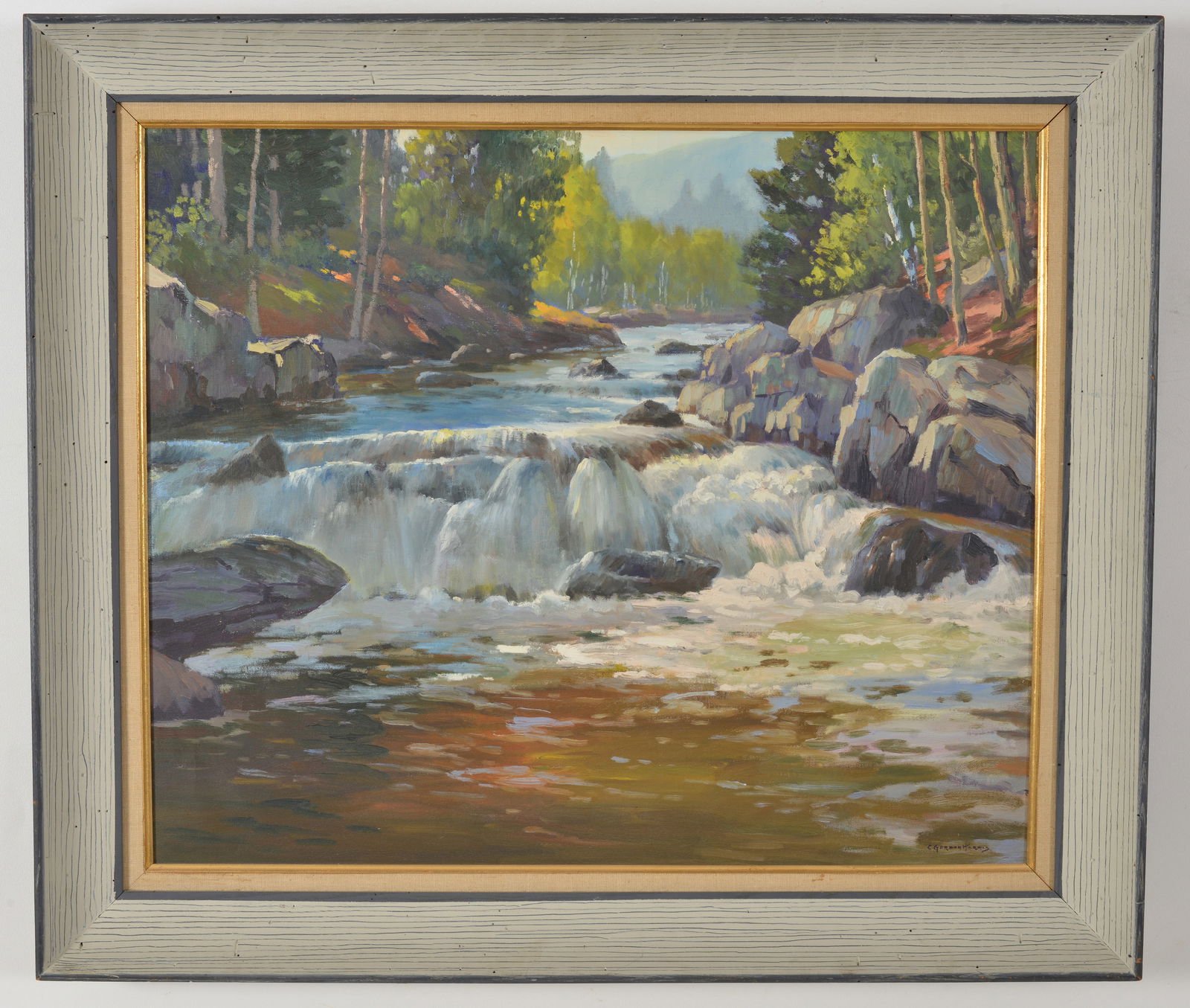 Charles Gordon Harris. "Carrabasset River, Maine". Woodland river view with rapids. Exhibit note on (1 of 8)