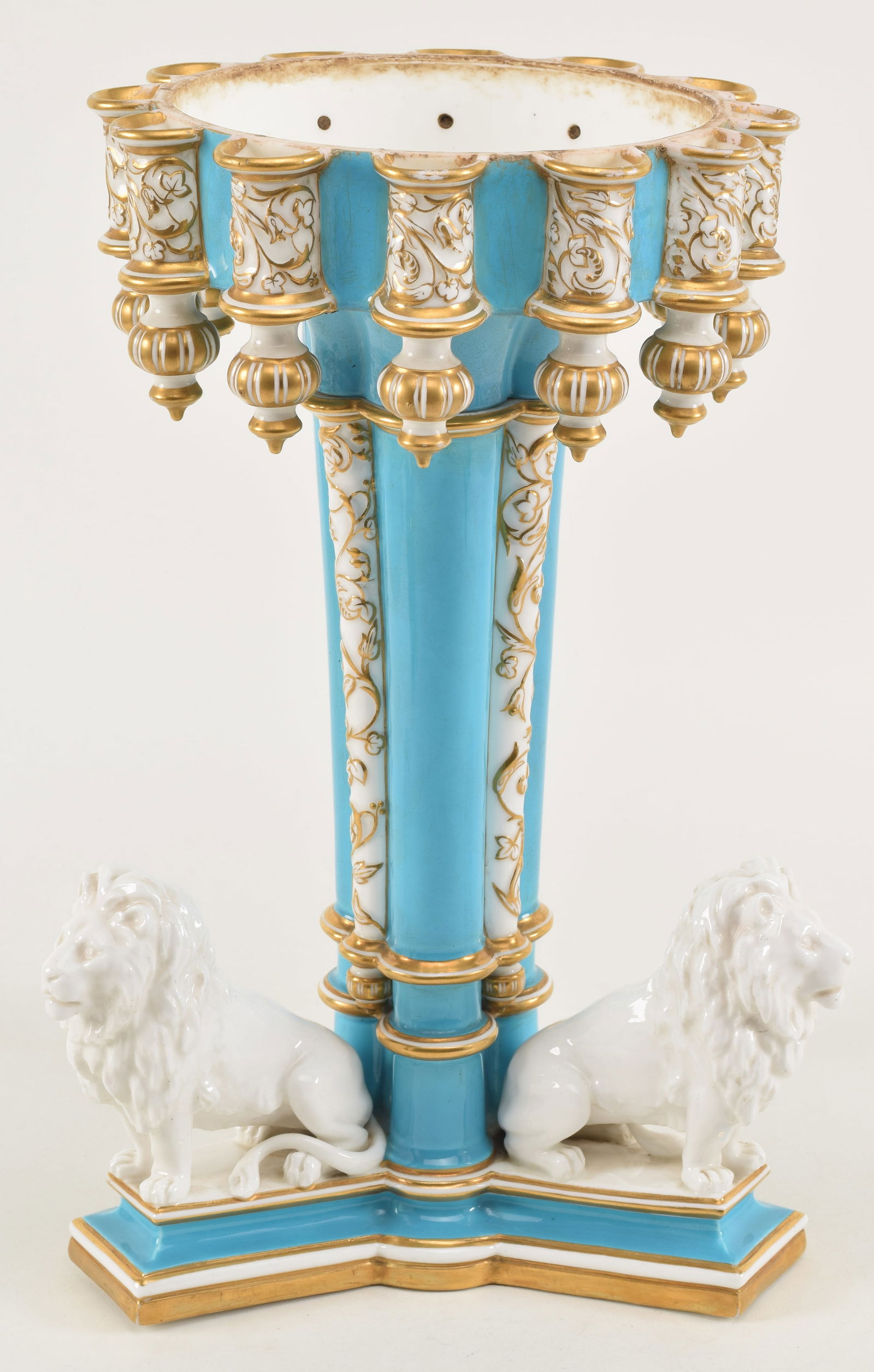 Derby porcelain flower center piece with figural lions and blue and gilt decoration. Darby mark on (1 of 7)
